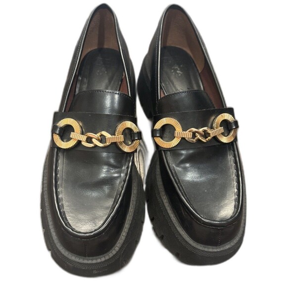 Zara Gold Chain Loafers Black Chunky Platform Lug Faux Leather Size 39 US 8 - Picture 1 of 8